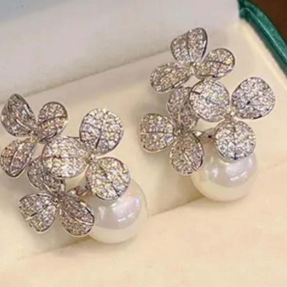 Elegant Silver Crystal Flower Pearl Stud Earrings